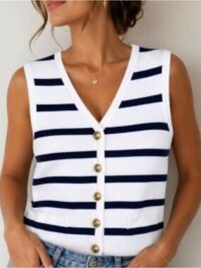 Adrianna Papell Striped Nautical Vest Size Small White/Navy